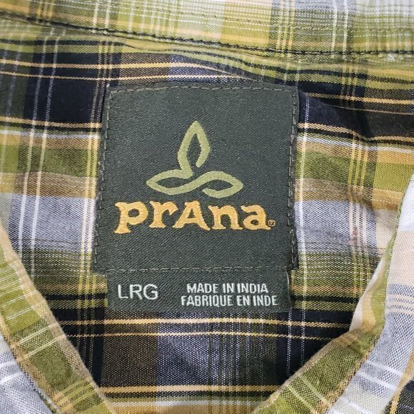 PrAna Mens Large‎ Yellow Plaid Pearl Snap Short Sleeve Shirt - Picture 4 of 6